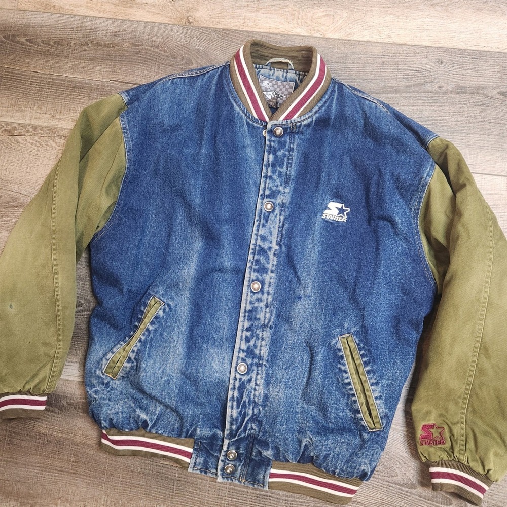 Starter Varsity Jacket Men Large Blue Green Good 90s Vintage Denim Colorblock